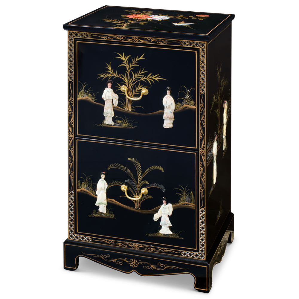 Black Lacquer Mother of Pearl 2 Drawer Oriental File Cabinet