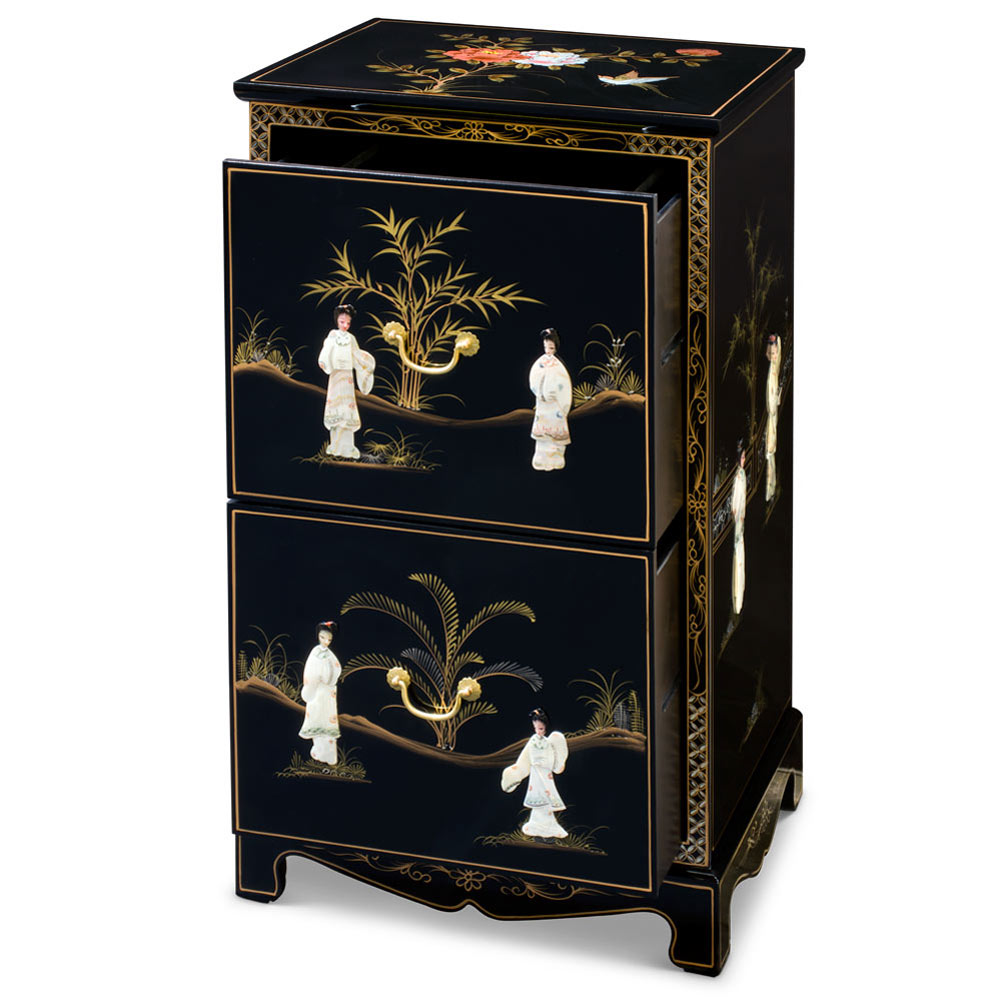 Black Lacquer Mother of Pearl 2 Drawer Oriental File Cabinet