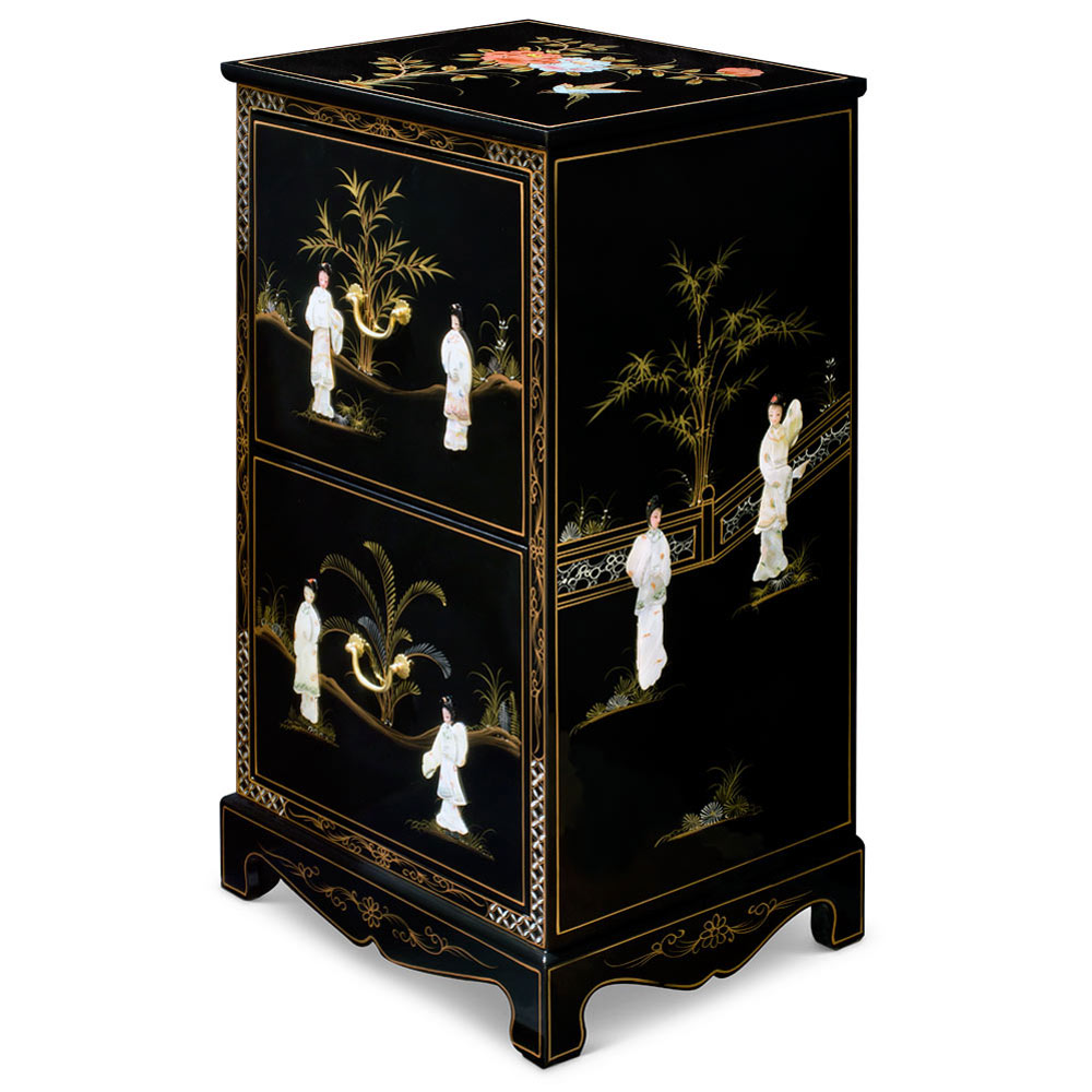 Black Lacquer Mother of Pearl 2 Drawer Oriental File Cabinet