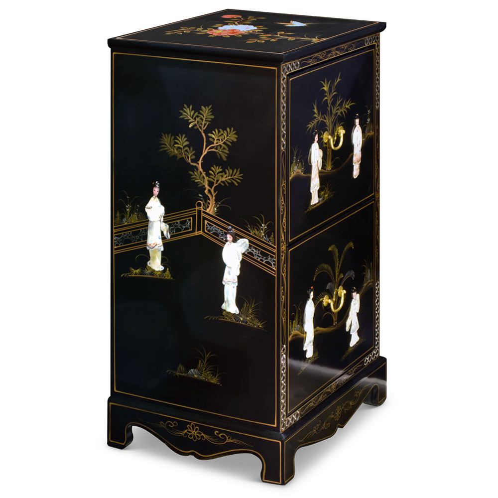 Black Lacquer Mother of Pearl 2 Drawer Oriental File Cabinet