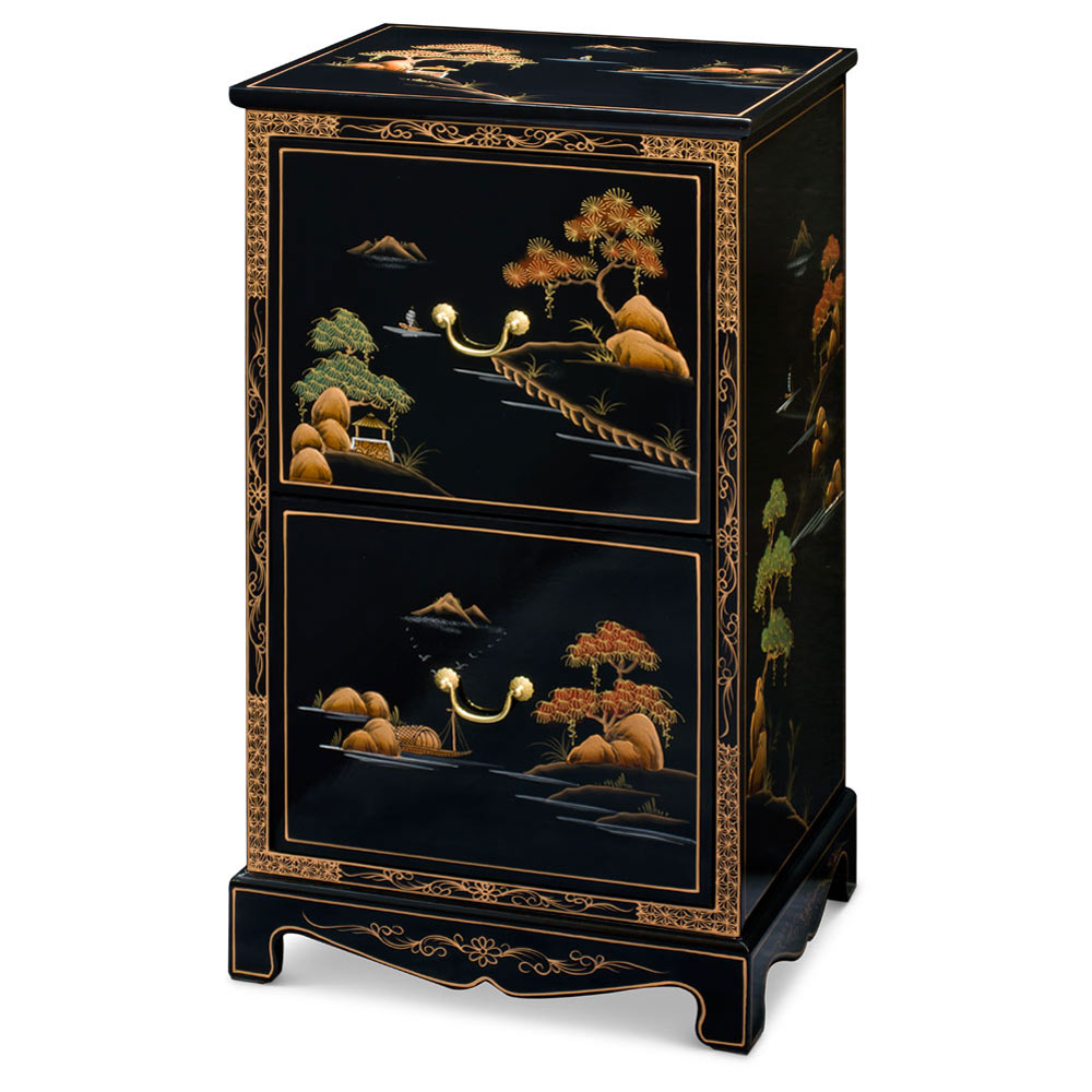 Chinoiserie Scenery Motif 2 Drawer Oriental File Cabinet