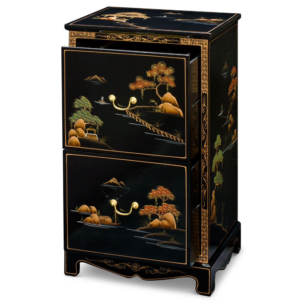 Chinoiserie Scenery Motif 2 Drawer Oriental File Cabinet