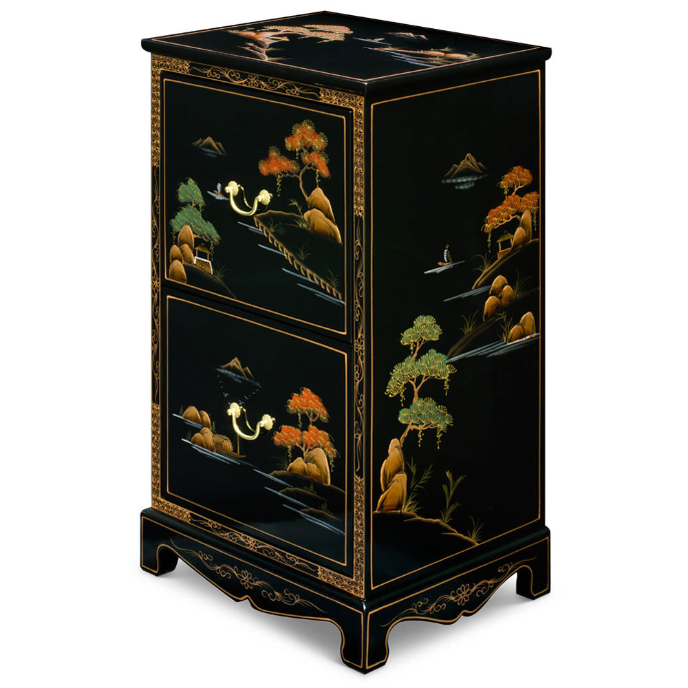 Chinoiserie Scenery Motif 2 Drawer Oriental File Cabinet