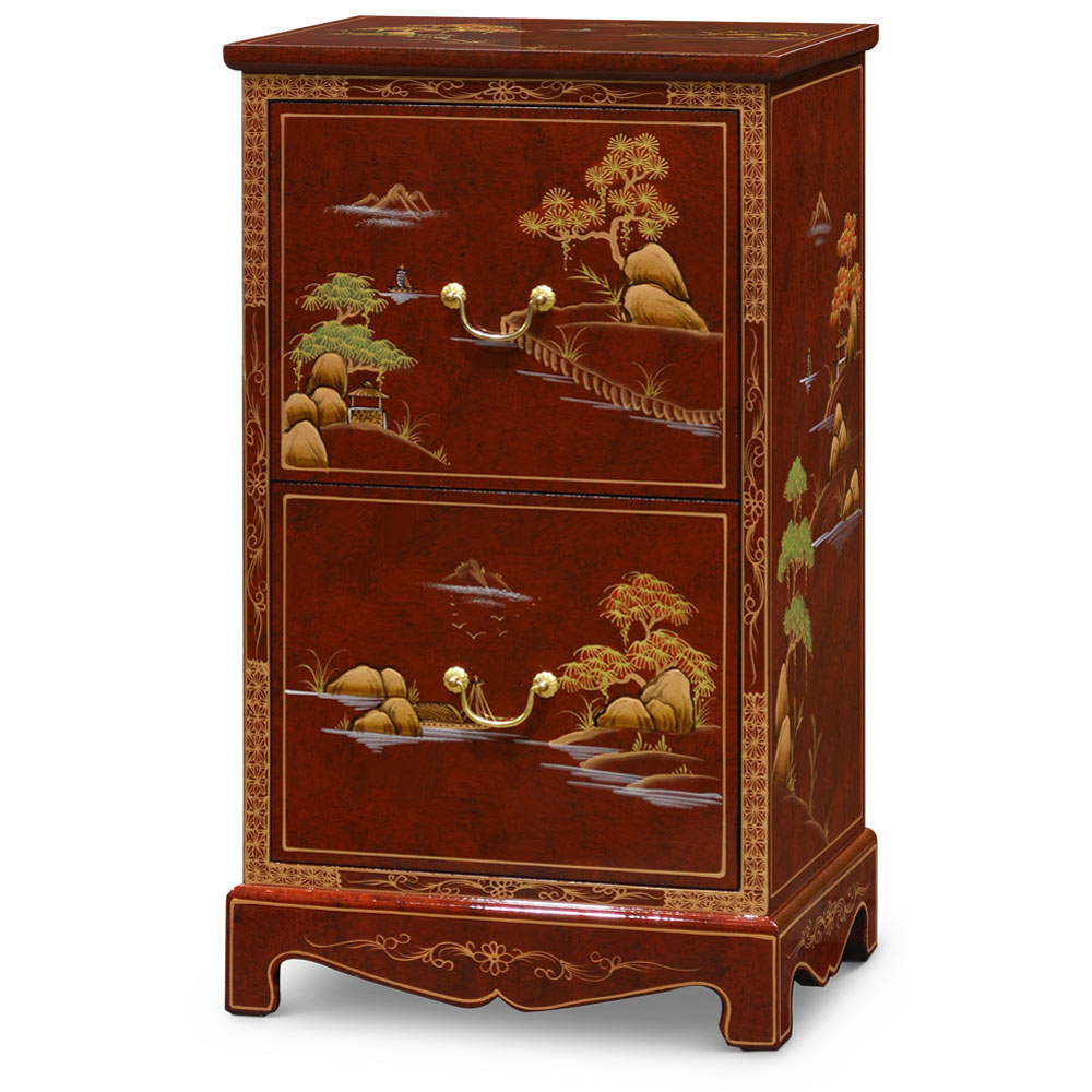 Red Lacquer Chinoiserie Scenery Motif 2 Drawer Oriental File Cabinet