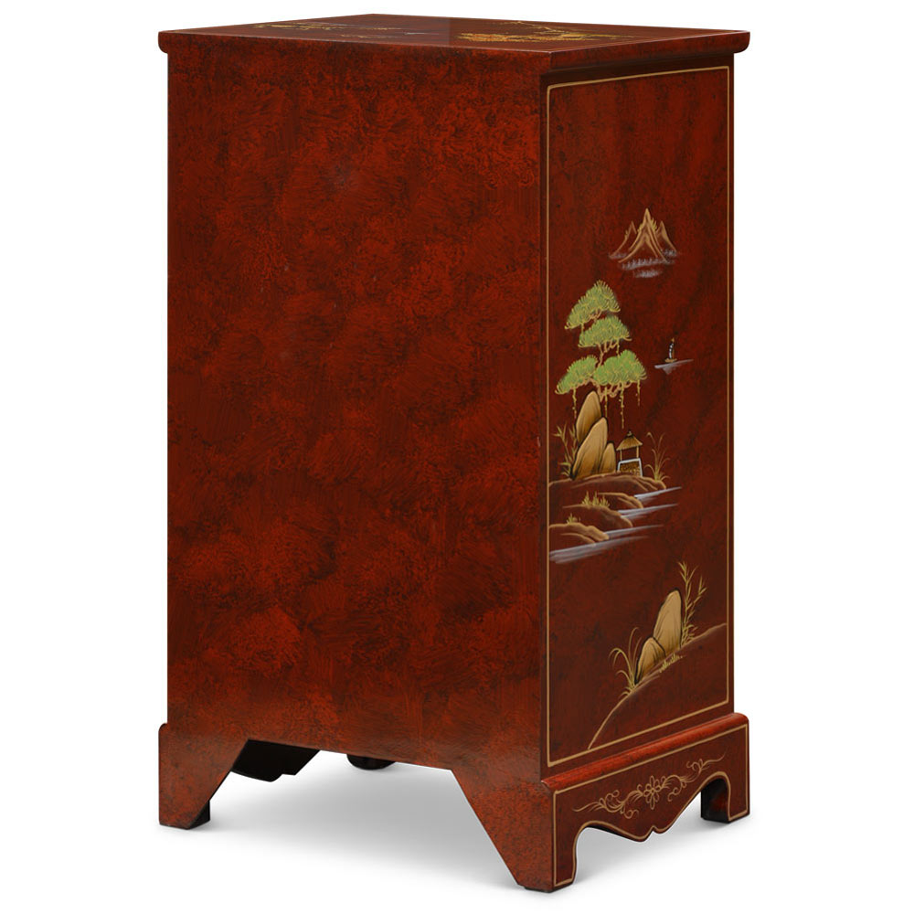 Red Lacquer Chinoiserie Scenery Motif 2 Drawer Oriental File Cabinet