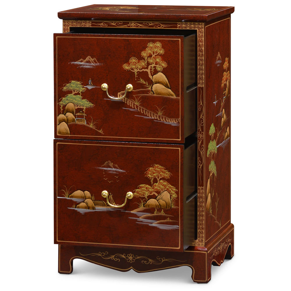 Red Lacquer Chinoiserie Scenery Motif 2 Drawer Oriental File Cabinet