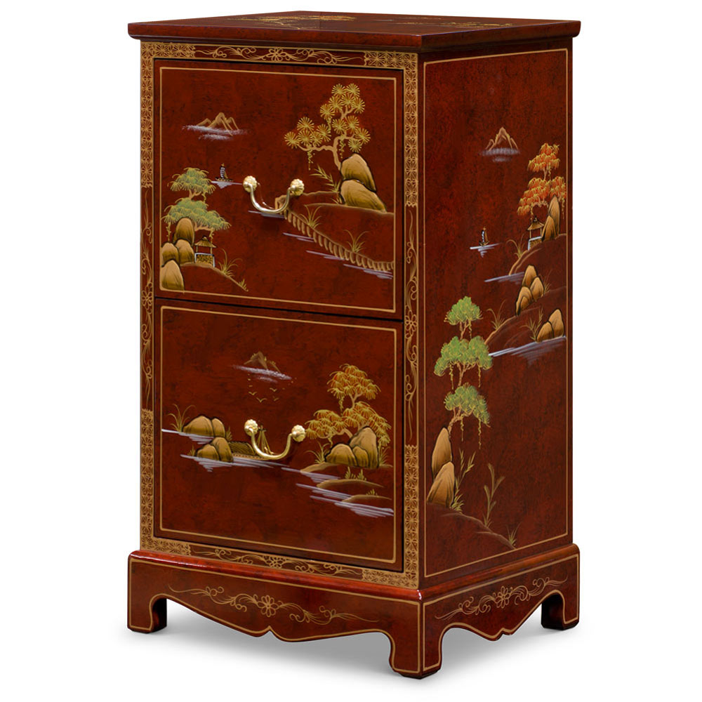 Red Lacquer Chinoiserie Scenery Motif 2 Drawer Oriental File Cabinet