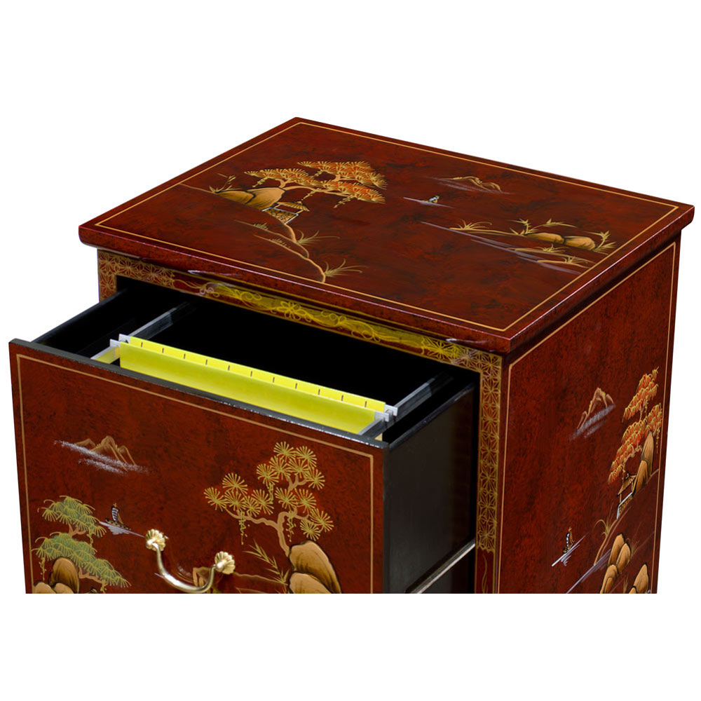 Red Lacquer Chinoiserie Scenery Motif 2 Drawer Oriental File Cabinet