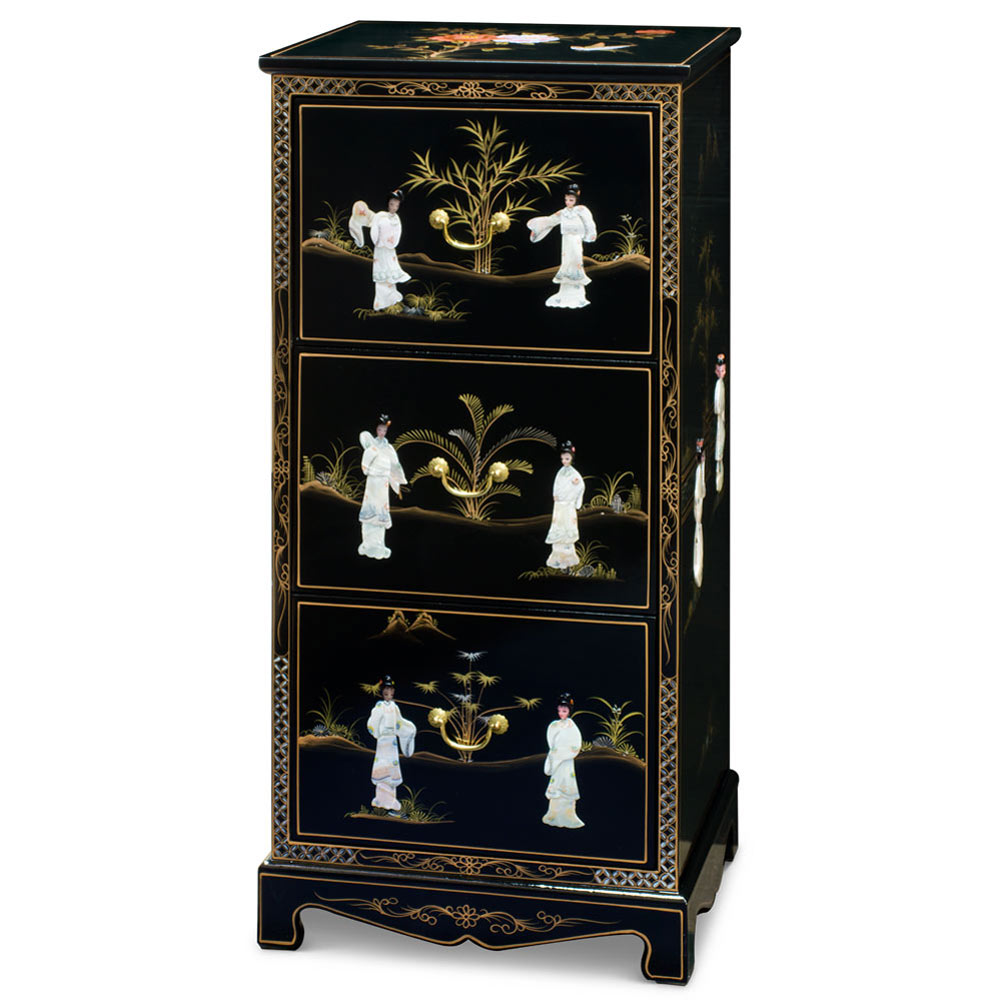 Black Lacquer Mother of Pearl 3 Drawer Oriental File Cabinet