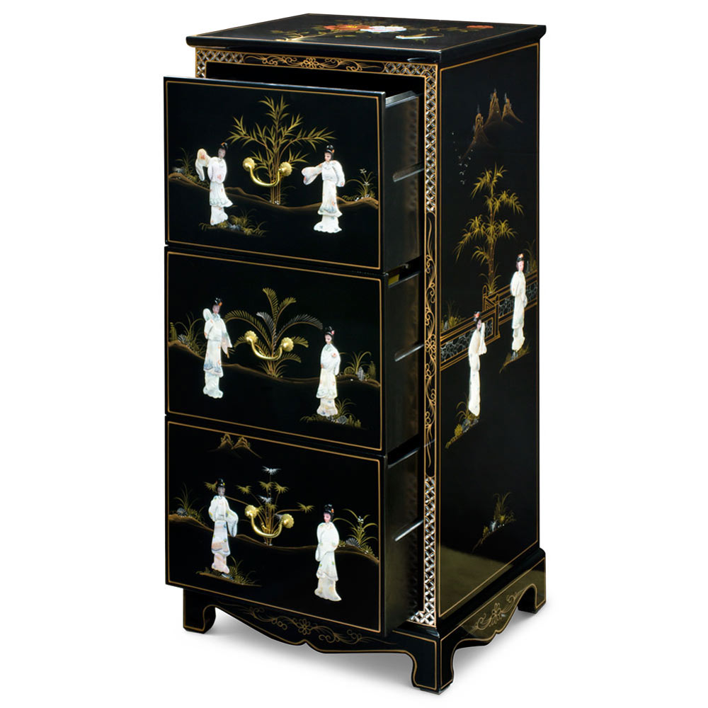 Black Lacquer Mother of Pearl 3 Drawer Oriental File Cabinet