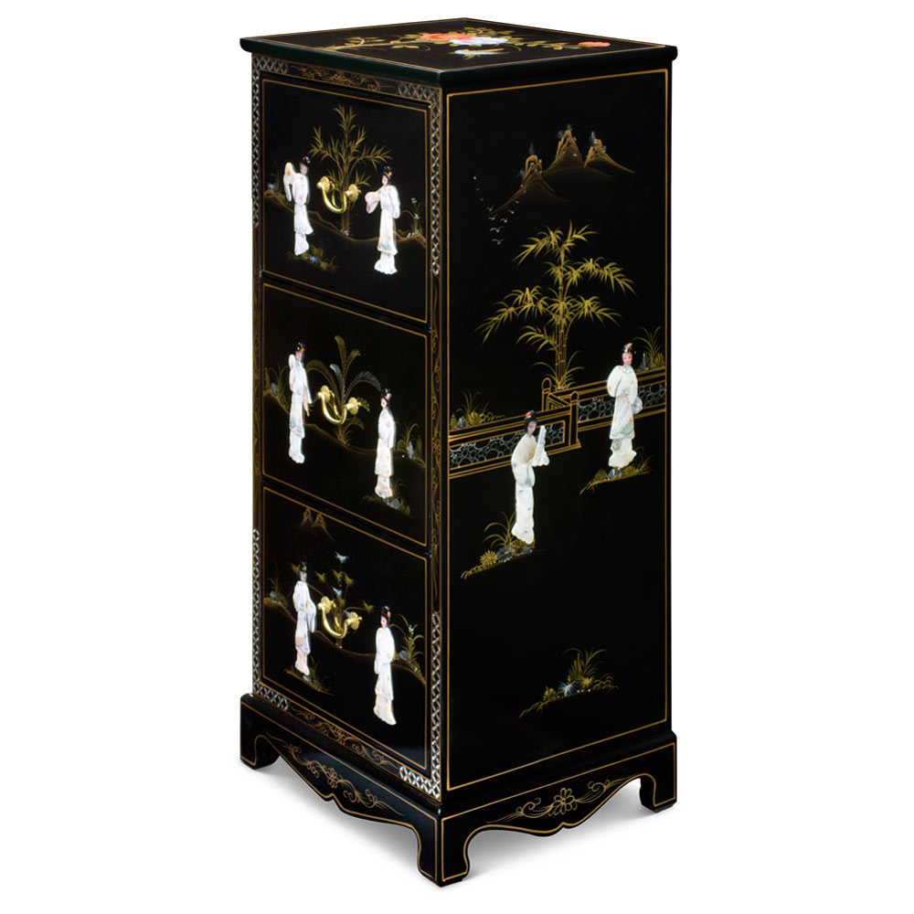 Black Lacquer Mother of Pearl 3 Drawer Oriental File Cabinet