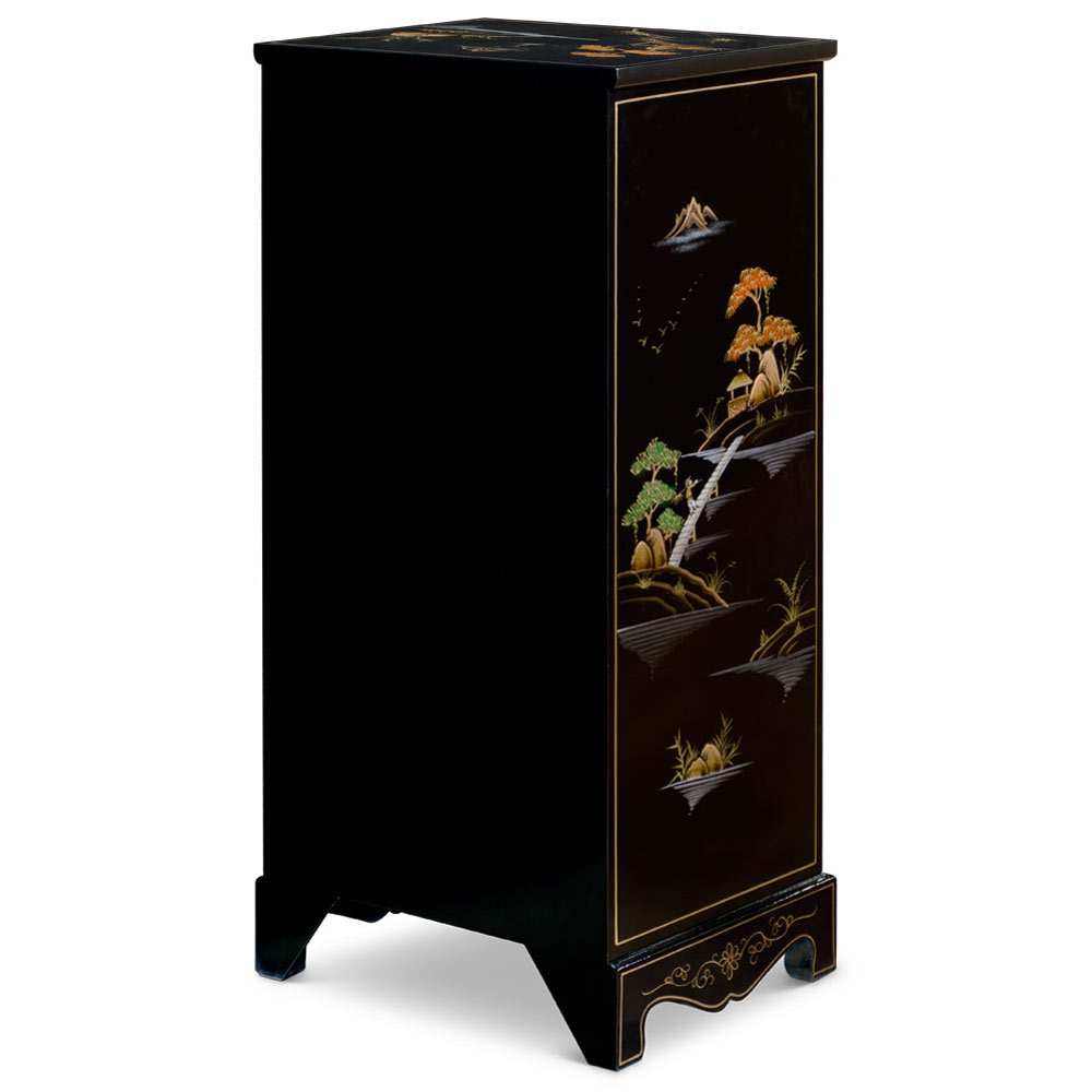 Black Lacquer Chinoiserie Scenery Motif 3 Drawer Oriental File Cabinet