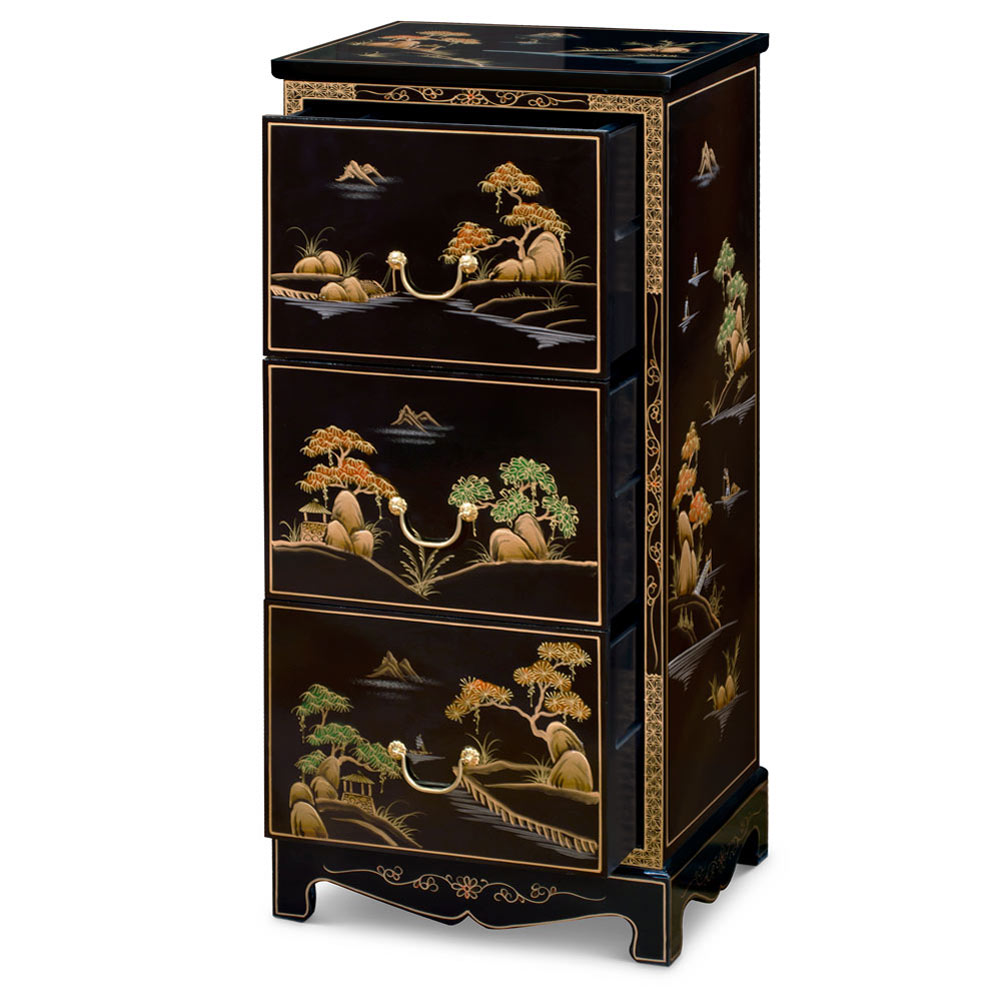 Black Lacquer Chinoiserie Scenery Motif 3 Drawer Oriental File Cabinet