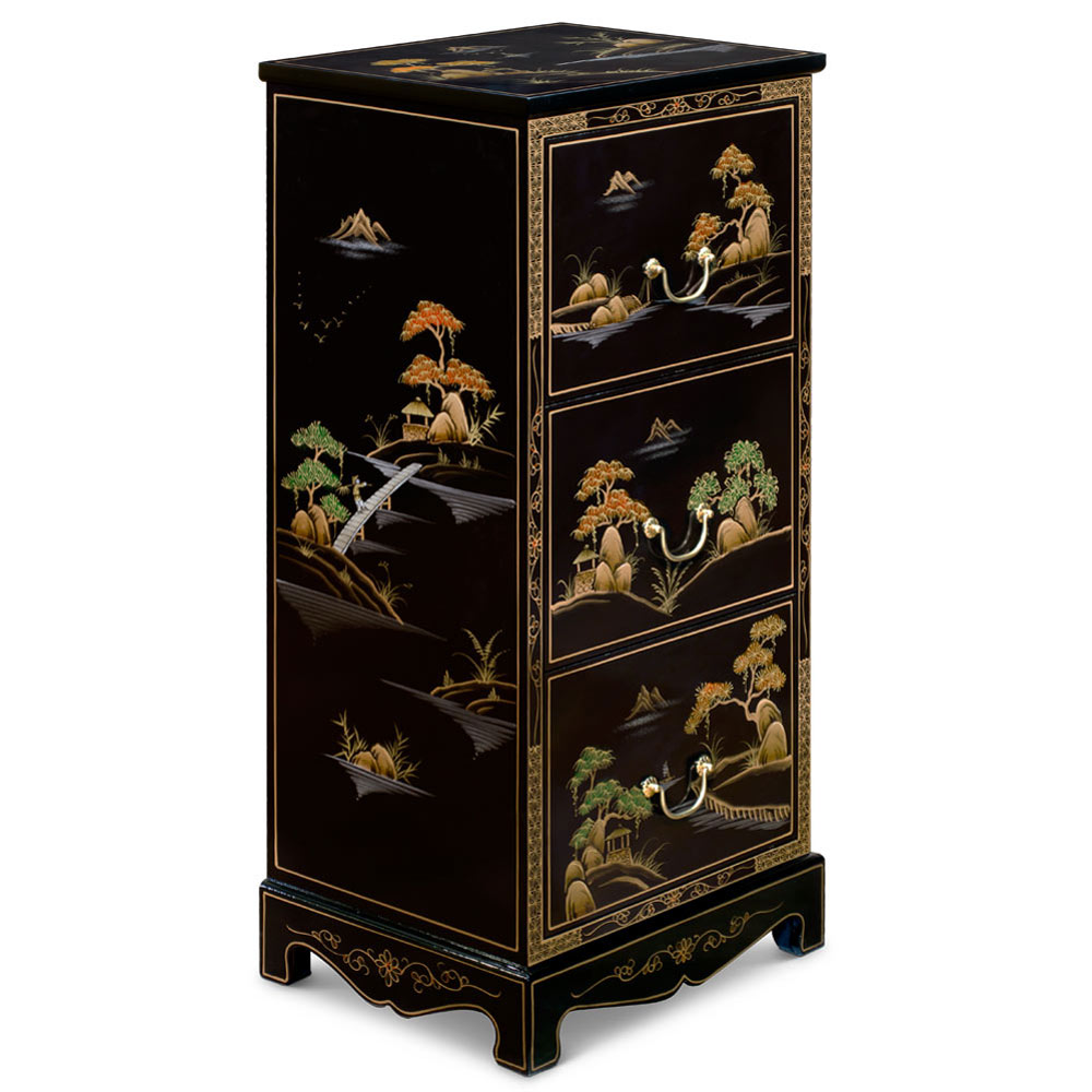 Black Lacquer Chinoiserie Scenery Motif 3 Drawer Oriental File Cabinet