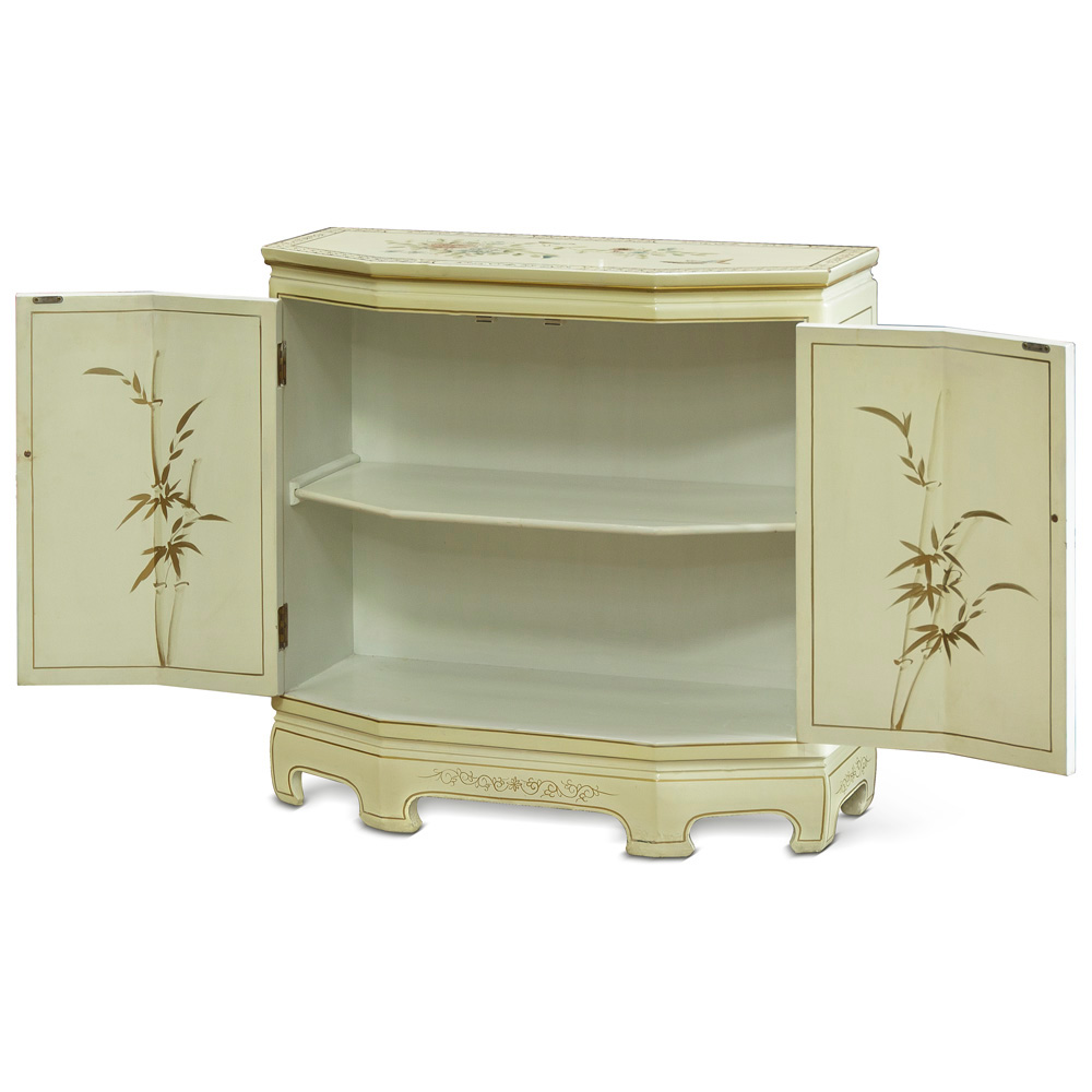 White Lacquer Console Cabinet With Soapstone  Motif