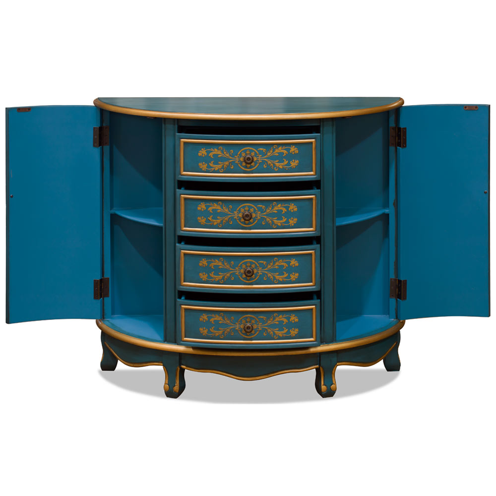 Hand Painted Aquamarine Blue and Gold French Style Half Moon Oriental Cabinet