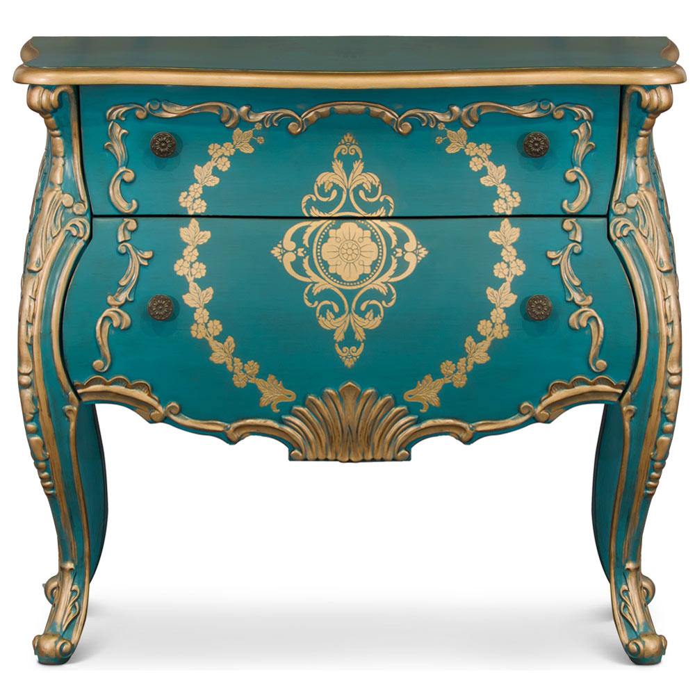 Hand Painted Aquamarine Blue and Gold French Style Oriental Bombe Chest