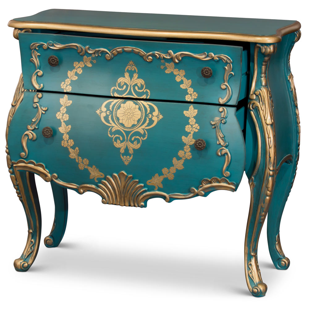 Hand Painted Aquamarine Blue and Gold French Style Oriental Bombe Chest