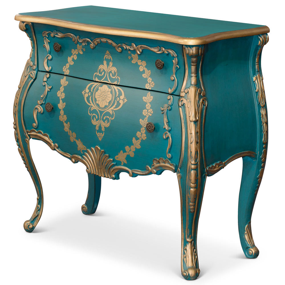 Hand Painted Aquamarine Blue and Gold French Style Oriental Bombe Chest