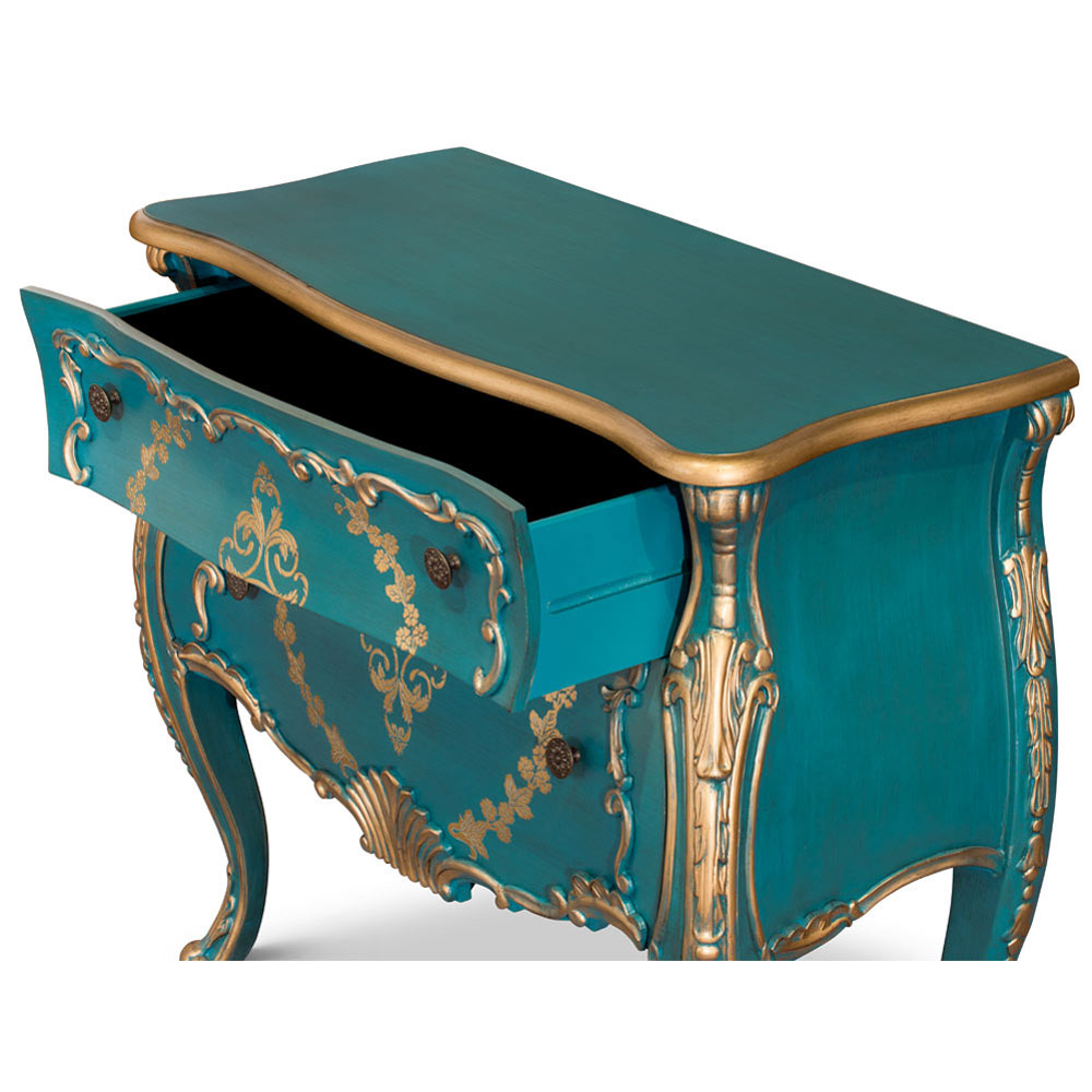 Hand Painted Aquamarine Blue and Gold French Style Oriental Bombe Chest