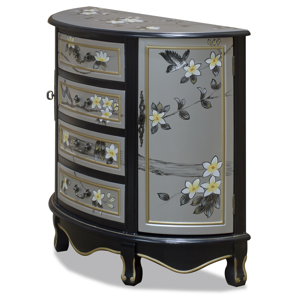 Silver Bird and Flower Motif Half Moon Asian Cabinet
