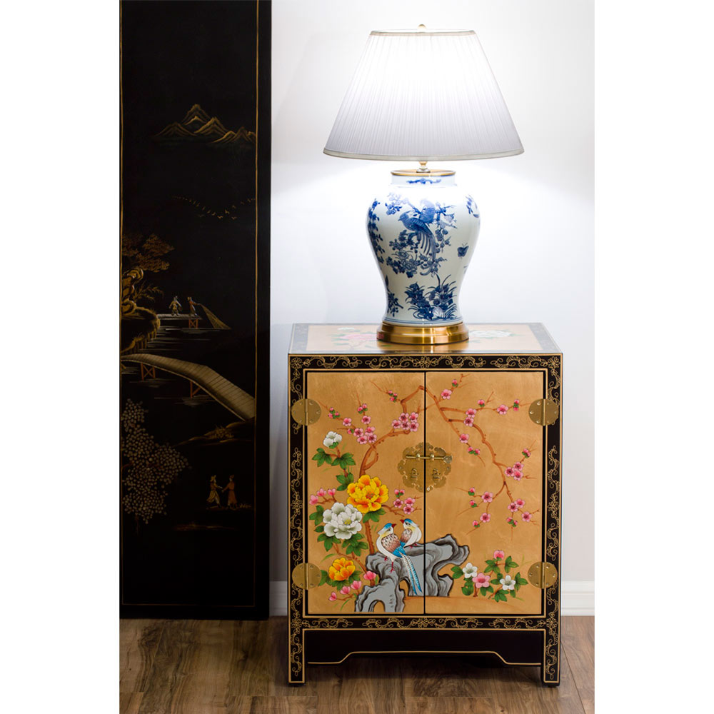 Gold Leaf Chinoiserie Bird and Flower Oriental Cabinet