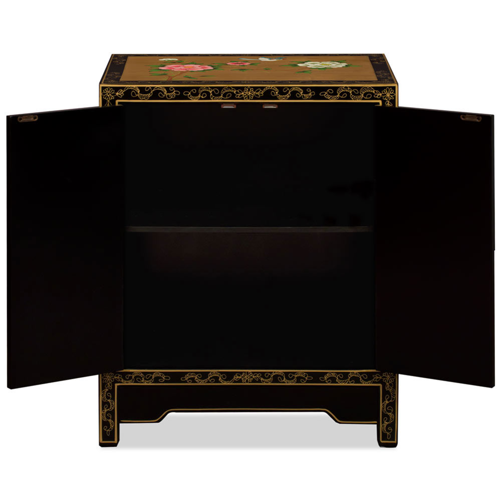 Gold Leaf Chinoiserie Bird and Flower Oriental Cabinet