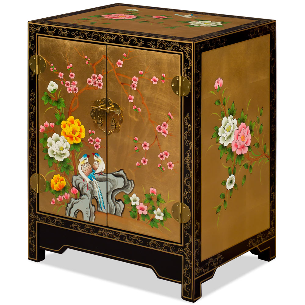 Gold Leaf Chinoiserie Bird and Flower Oriental Cabinet