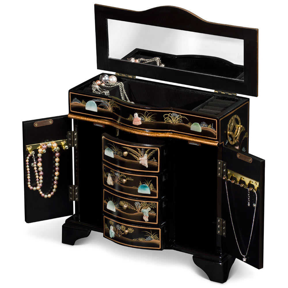 Black Lacquer Mother of Pearl Motif Shan-Shan Jewelry Chest