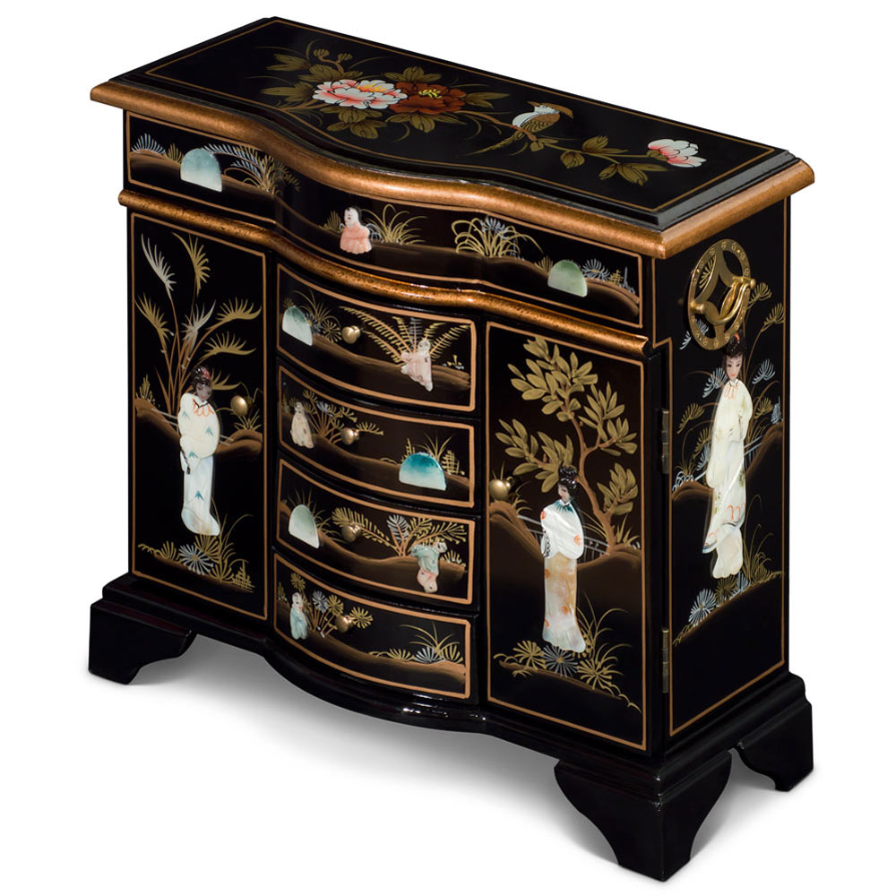 Black Lacquer Mother of Pearl Motif Shan-Shan Jewelry Chest