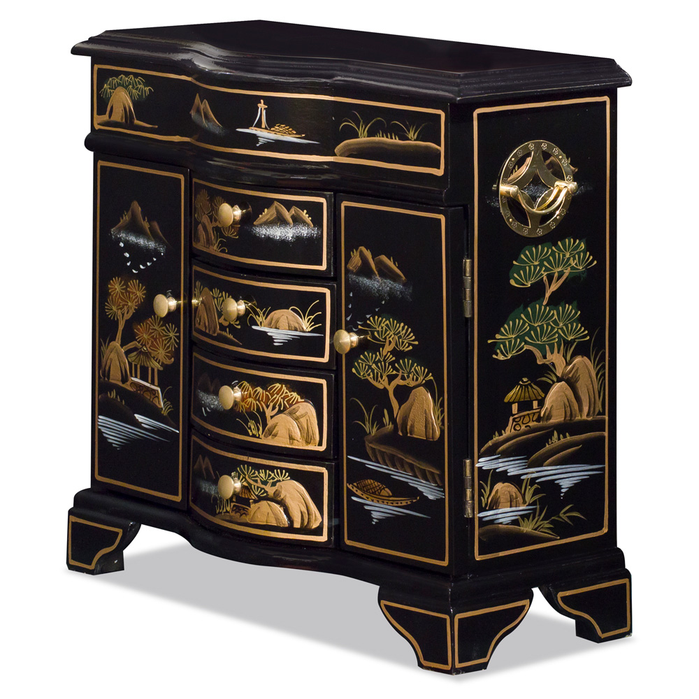 Black Lacquer Chinoiserie Scenery Motif Oriental Jewelry Chest