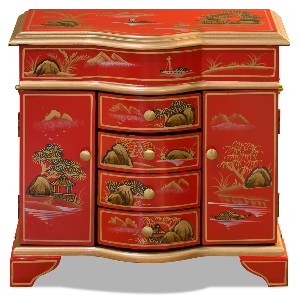 Red Chinoiserie Scenery Motif Oriental Jewelry Chest