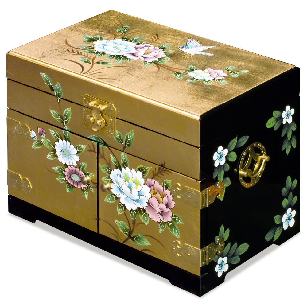Gold Leaf Bird and Flower Motif Chinese Jewelry Box