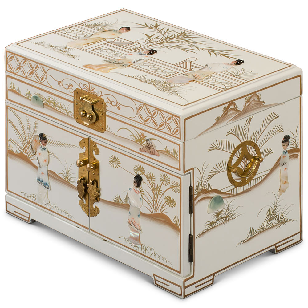 White Lacquer Mother of Pearl Chinese Jewelry Box