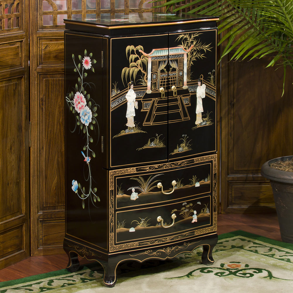 Black Lacquer Mother of Pearl Chinese Jewelry Armoire