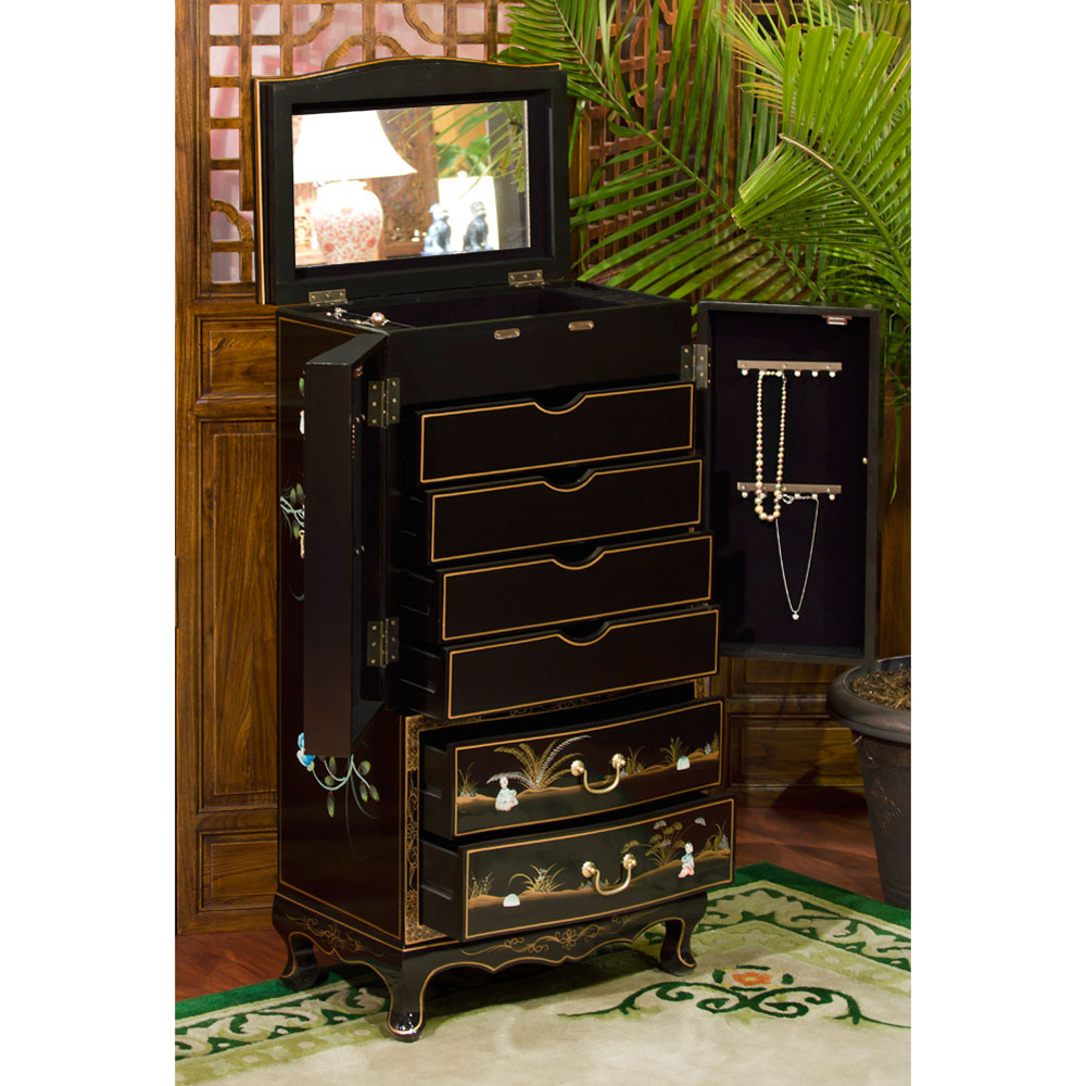 Black Lacquer Mother of Pearl Chinese Jewelry Armoire