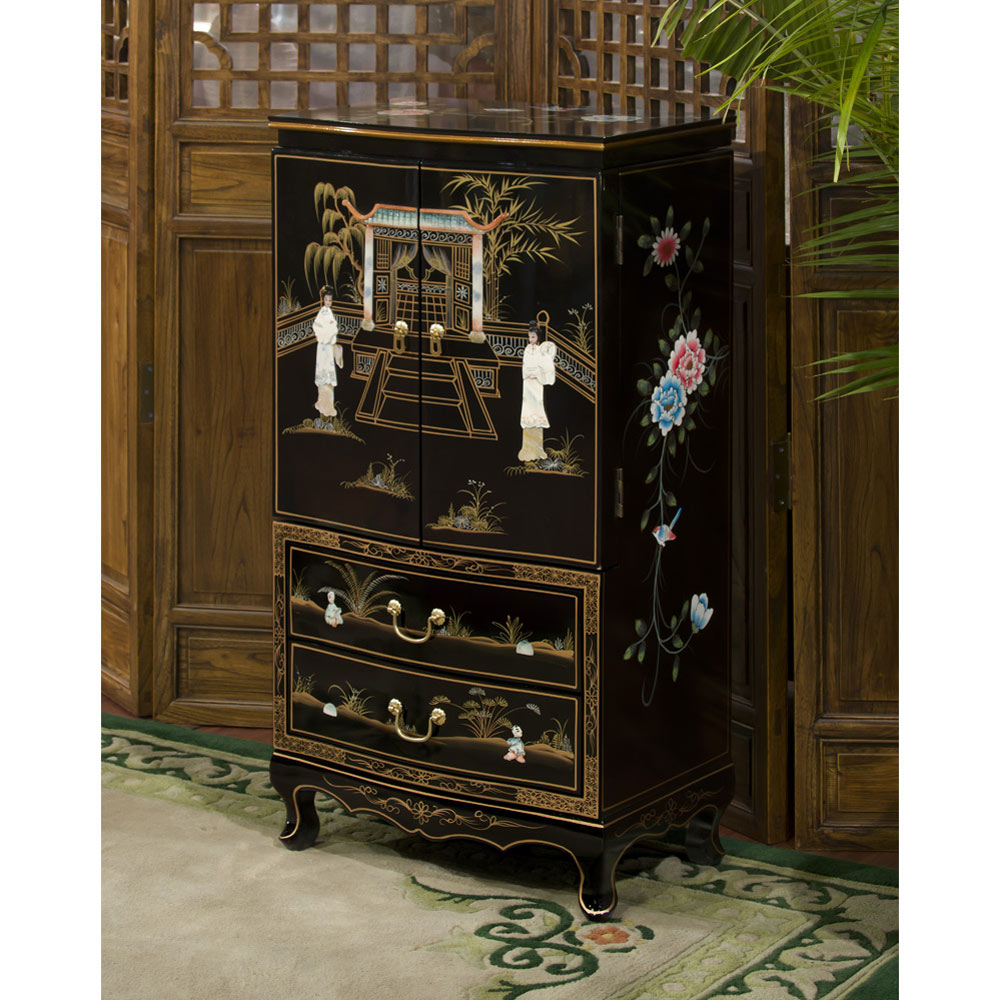 Black Lacquer Mother of Pearl Chinese Jewelry Armoire