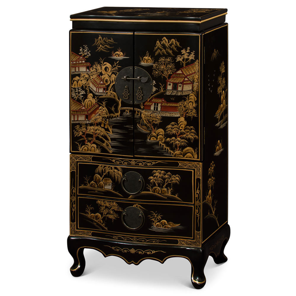 Matte Black Chinoiserie Court Yard Chinese Jewelry Armoire