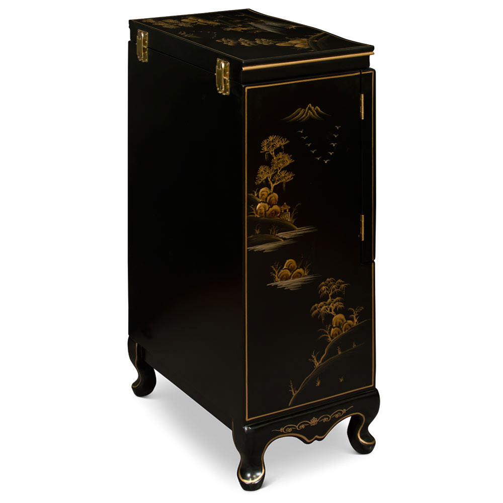 Matte Black Chinoiserie Court Yard Chinese Jewelry Armoire