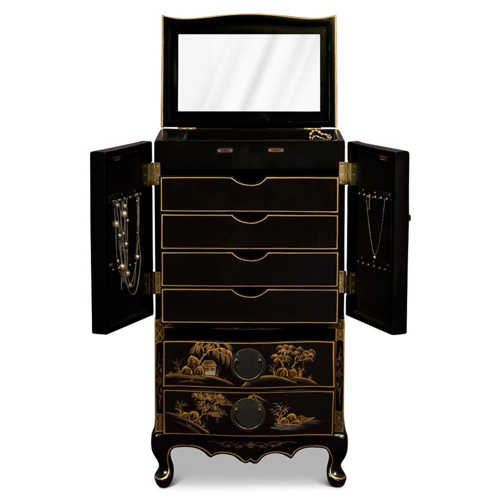 Matte Black Chinoiserie Court Yard Chinese Jewelry Armoire