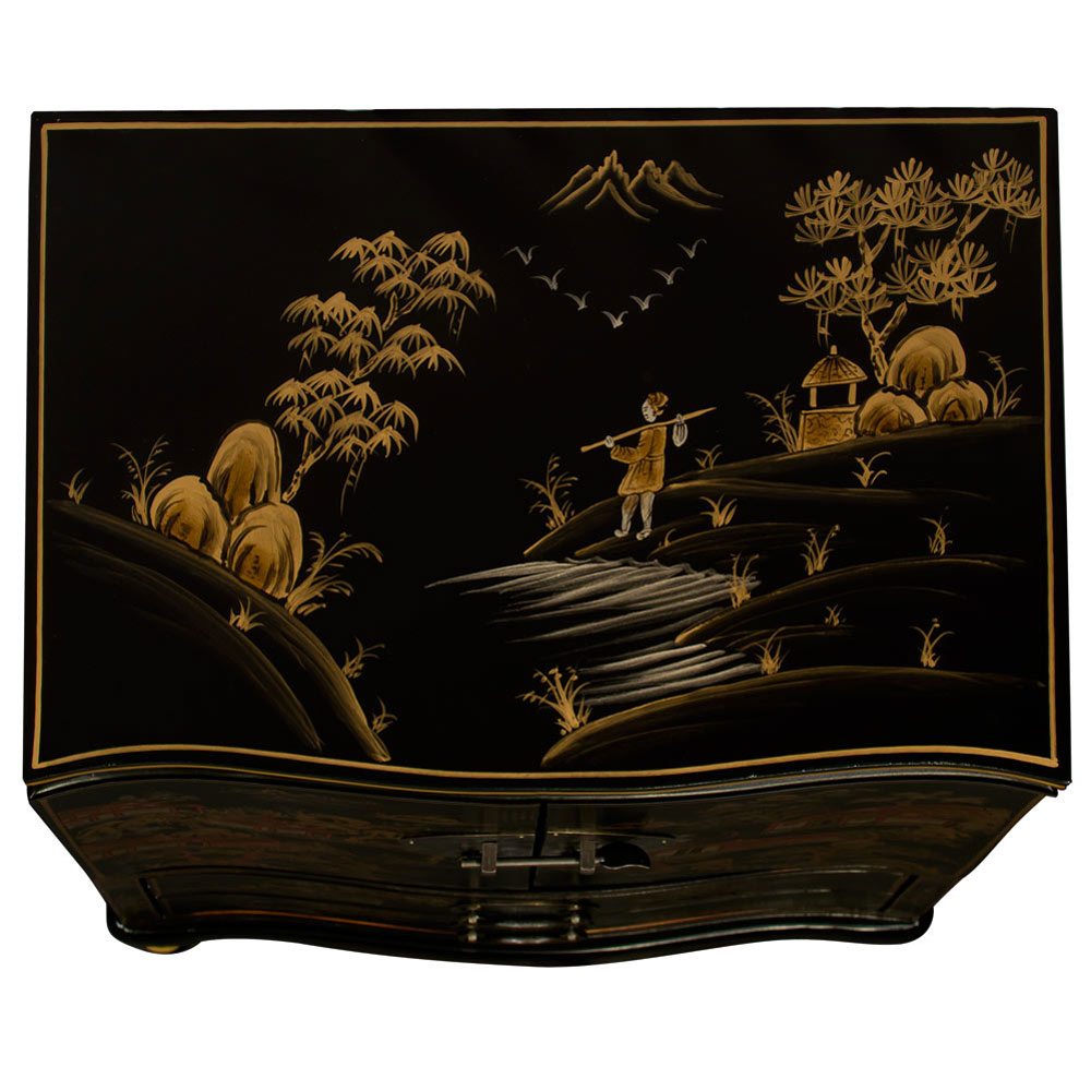 Matte Black Chinoiserie Court Yard Chinese Jewelry Armoire