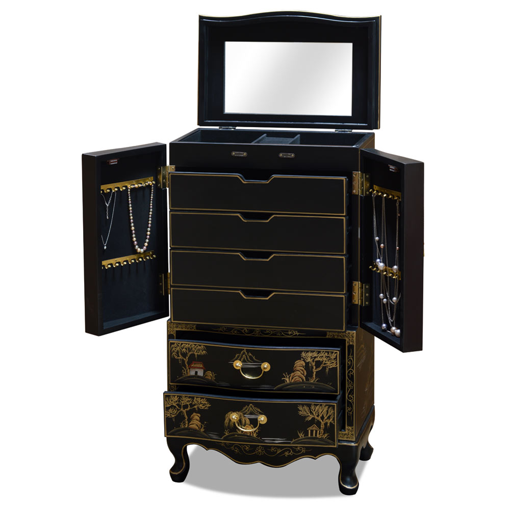 Black Lacquer Chinoiserie Court Yard Chinese Jewelry Armoire