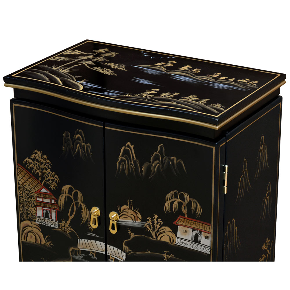 Black Lacquer Chinoiserie Scenery Chinese Jewelry Armoire