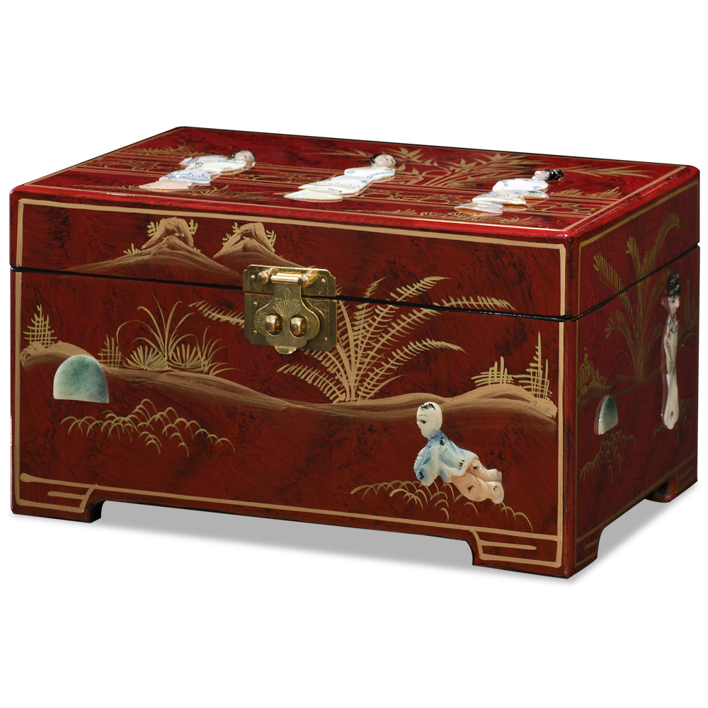 Red Lacquer Mother of Pearl Chinese Jewelry Box