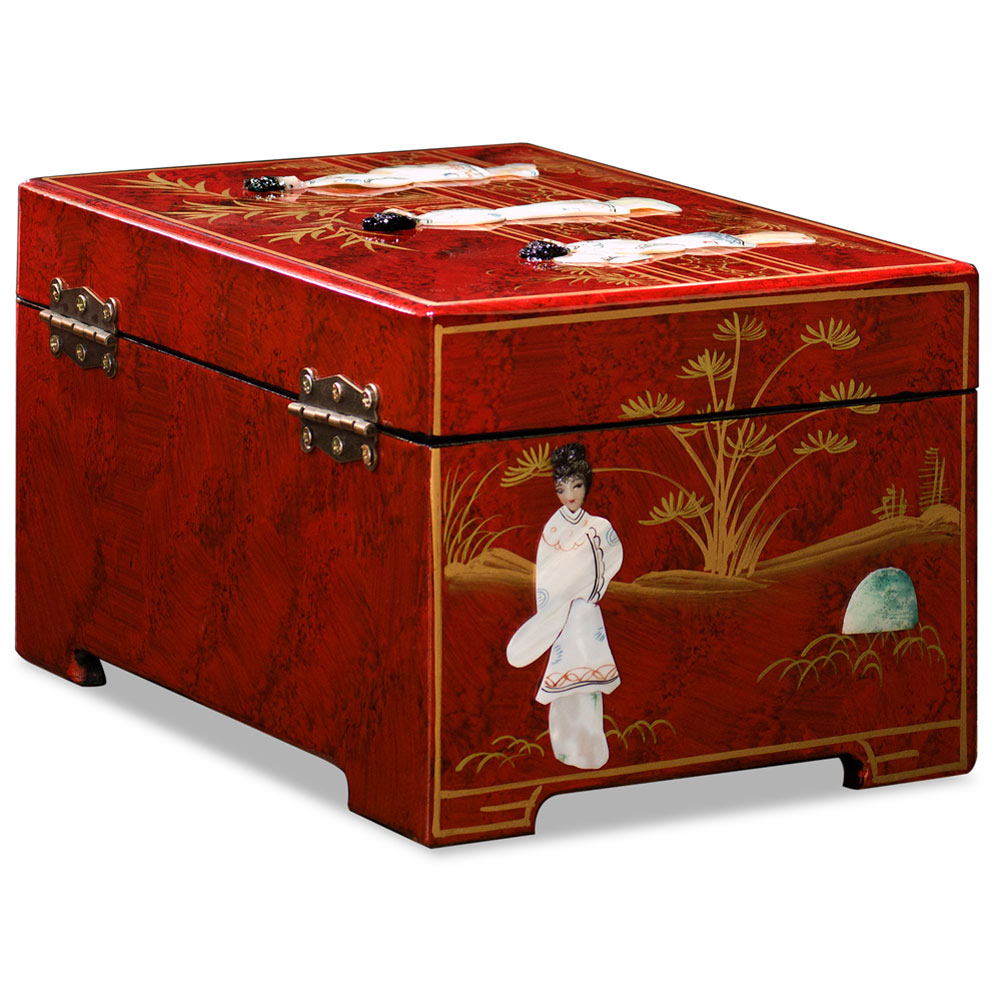 Red Lacquer Mother of Pearl Chinese Jewelry Box