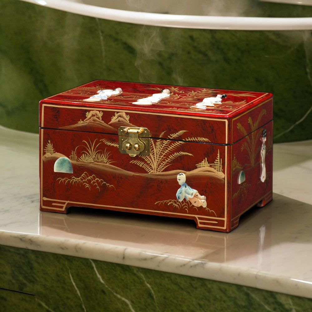Red Lacquer Mother of Pearl Chinese Jewelry Box