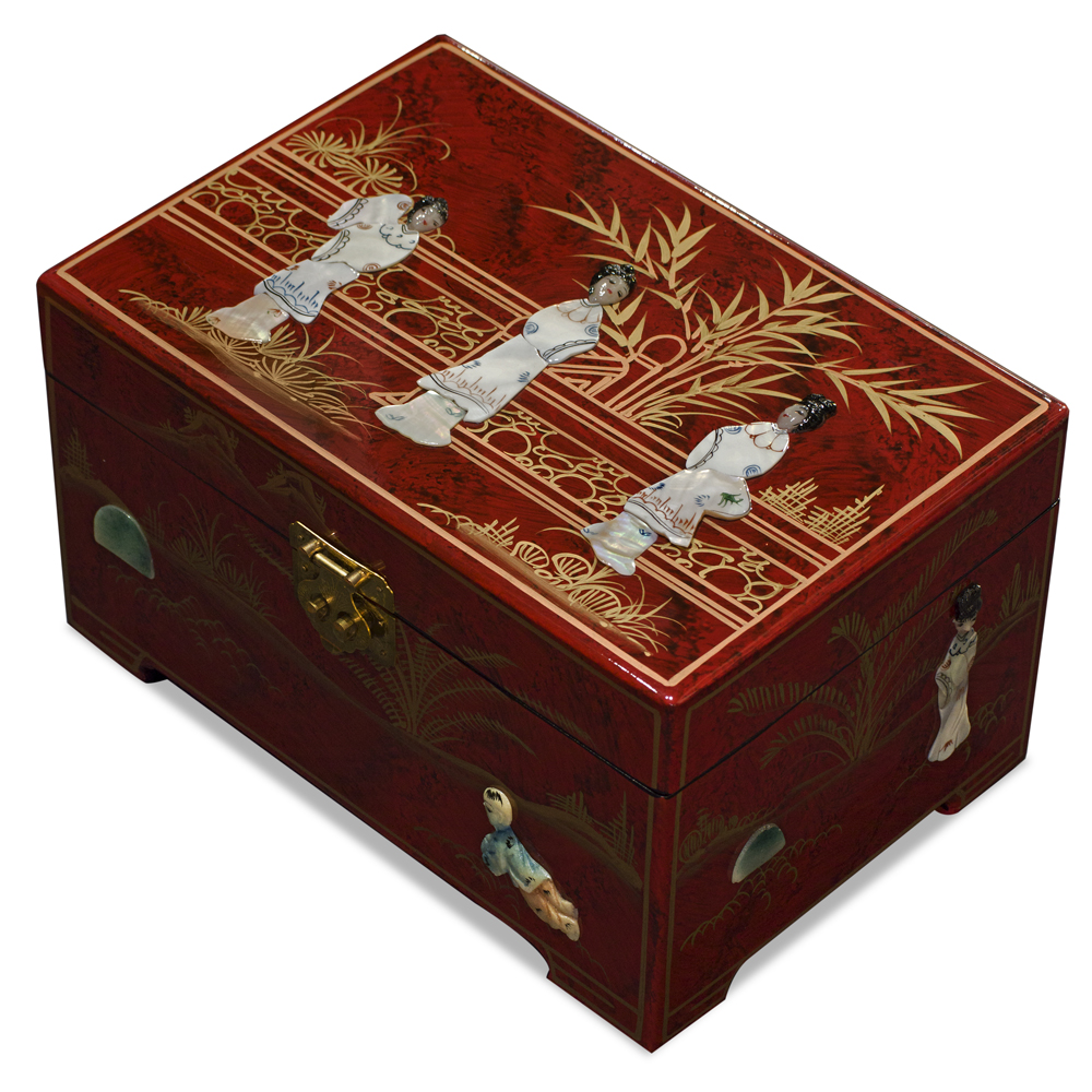 Red Lacquer Mother of Pearl Chinese Jewelry Box