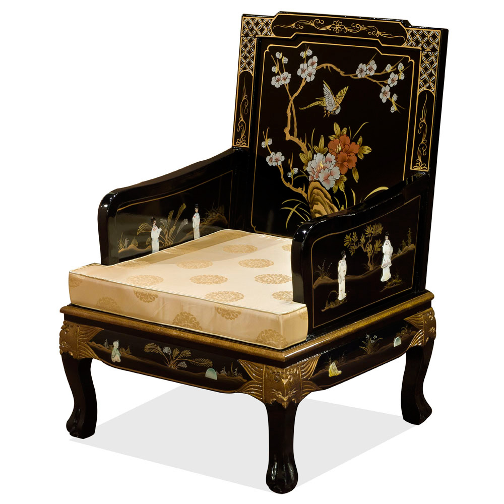 Asian black lacquer sofa chair with mother of pearl and gold cushion