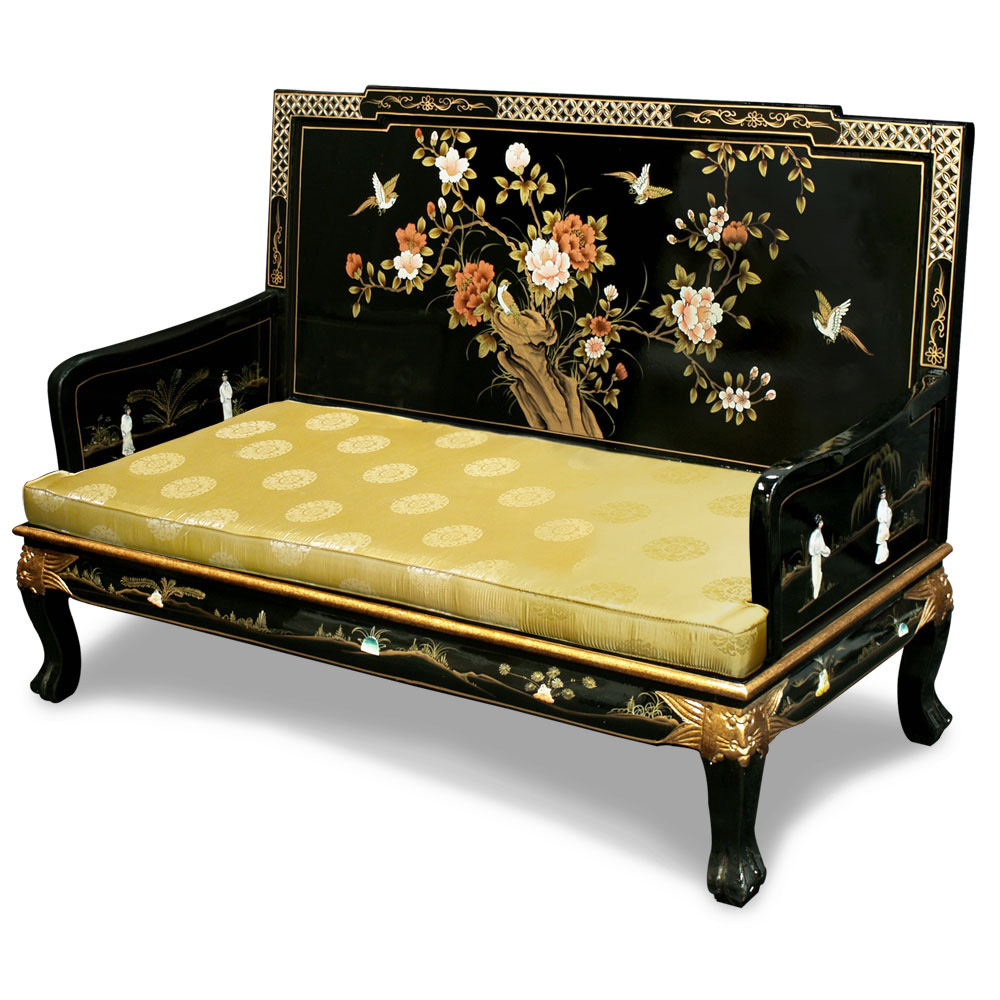 Asian black lacquer loveseat with mother of pearl and gold cushion