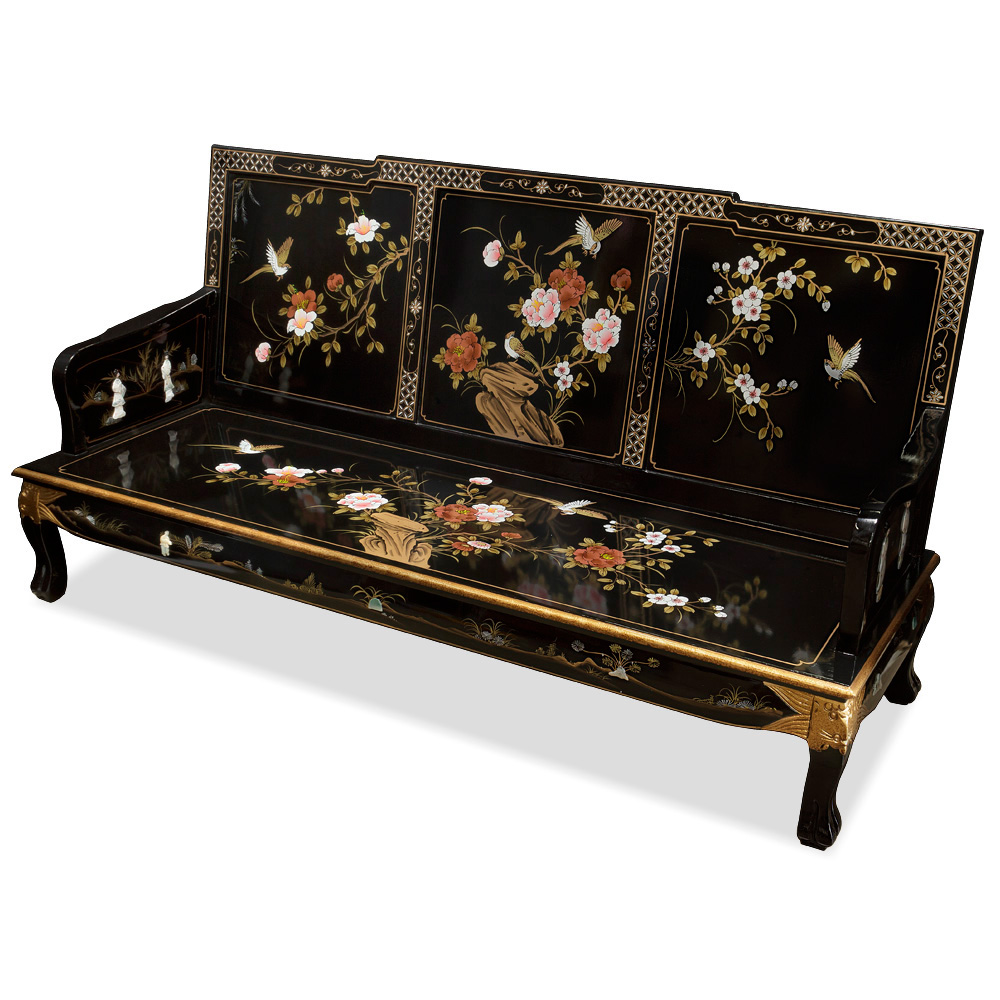 Black Lacquer Mother of Pearl Chinese Sofa Couch